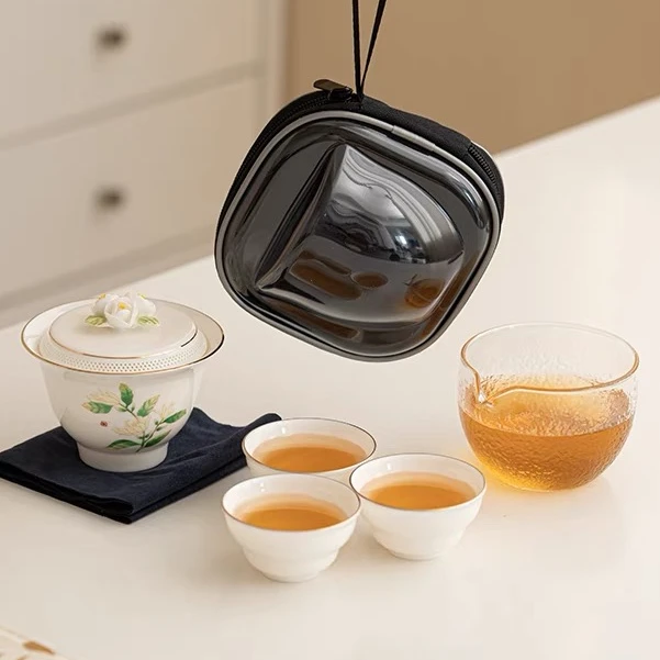 C871-春暖花开盖碗三杯旅行茶具陶瓷过滤三才盖碗杯便捷包泡茶碗