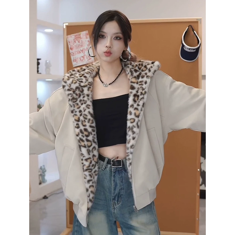 美式双面穿座山雕棉服女款秋冬加绒夹克棉袄连帽豹纹皮毛一体外套