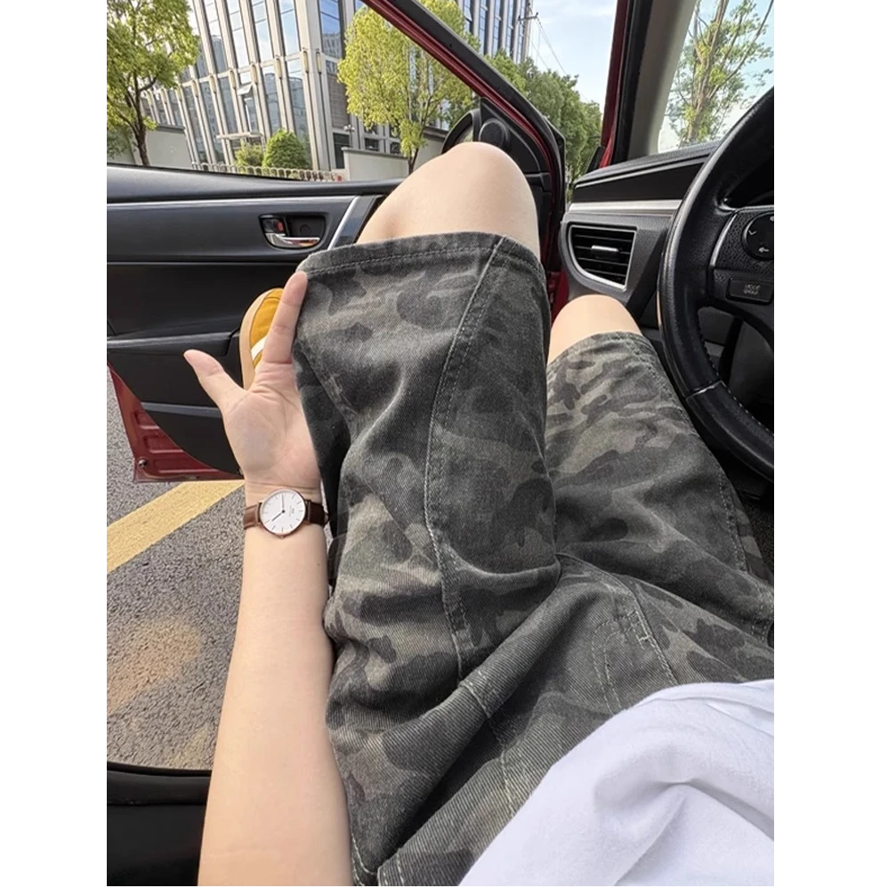 军绿色迷彩牛仔短裤男款夏季水洗伐木斜切工装裤美式复古五分中裤