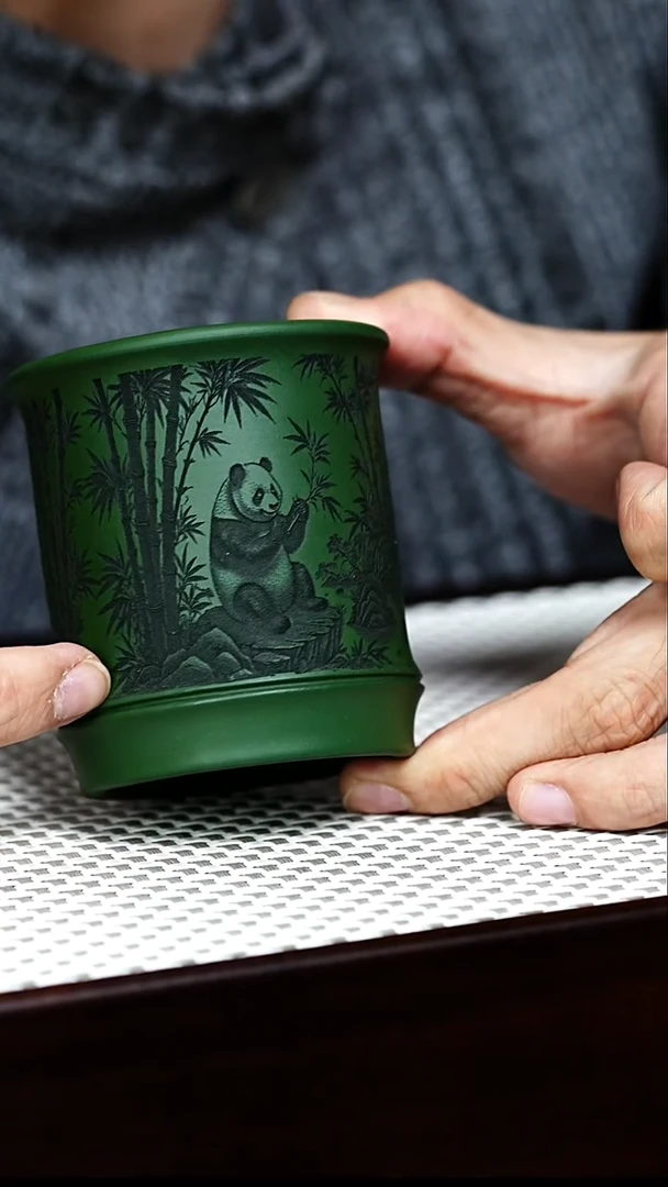 茶杯紫砂宜兴紫砂 主人杯 熊猫竹节 绿泥 任家娟 h214