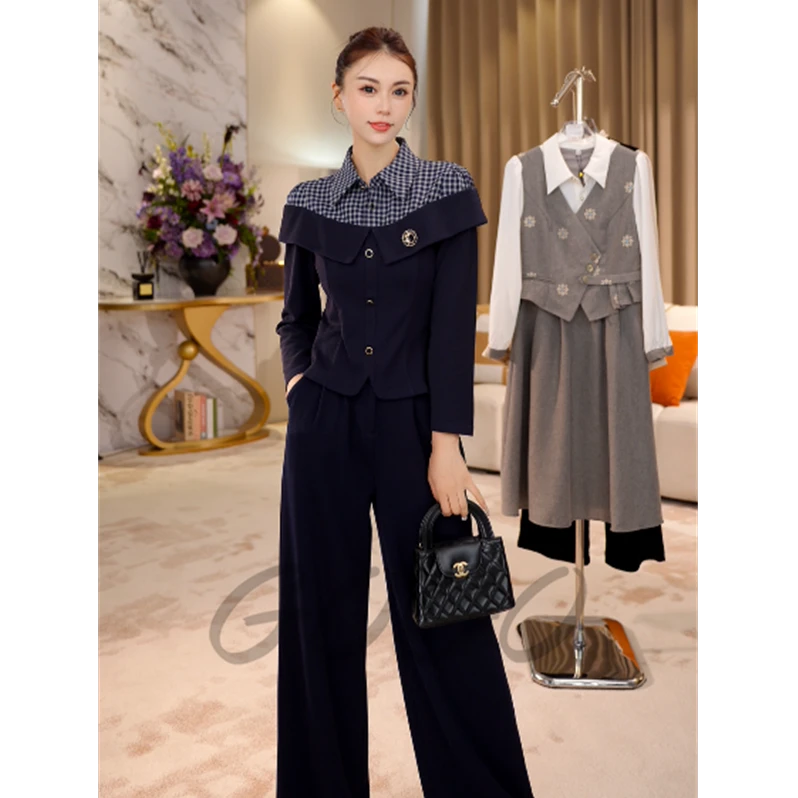 G9159新款2025秋季洋气显瘦假两件格子上衣阔腿裤休闲两件套装女