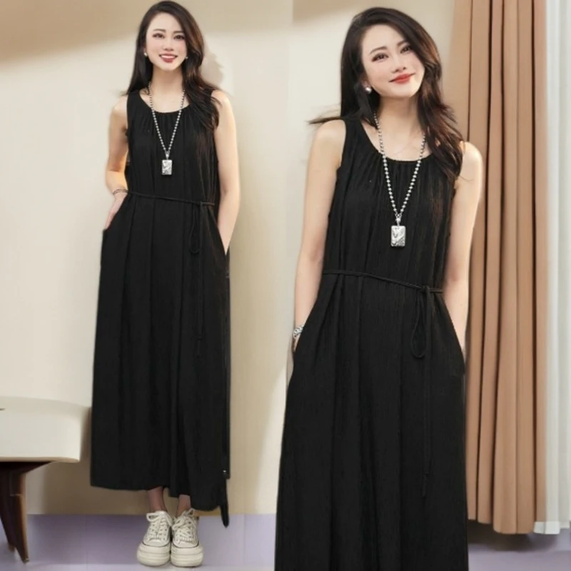 【源头好货】复古连衣裙女夏季显瘦遮肉长裙收腰无袖裙子黑色褶皱