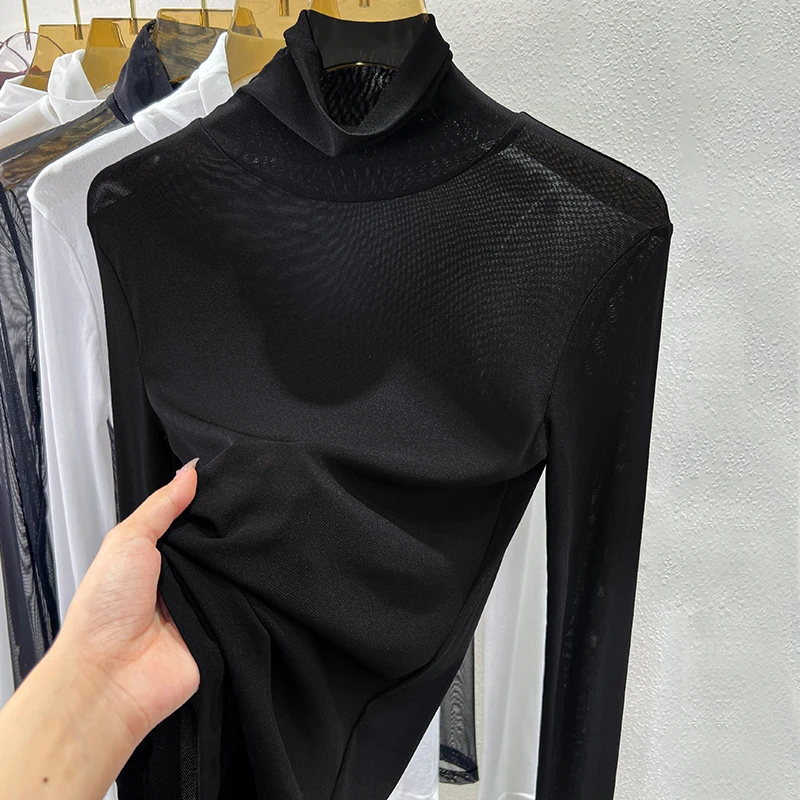 洋气半高领蕾丝长袖打底衫女性感内搭透视薄纱衣春秋新款黑色上衣