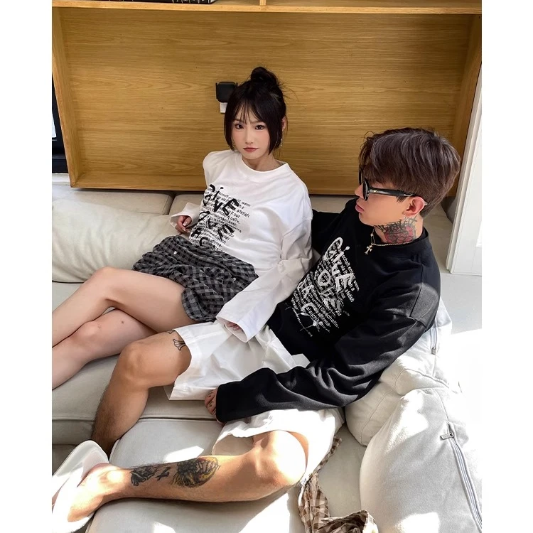 100%纯棉美式长袖t恤男士宽松休闲宽松春秋款男生男款港风T恤痞帅