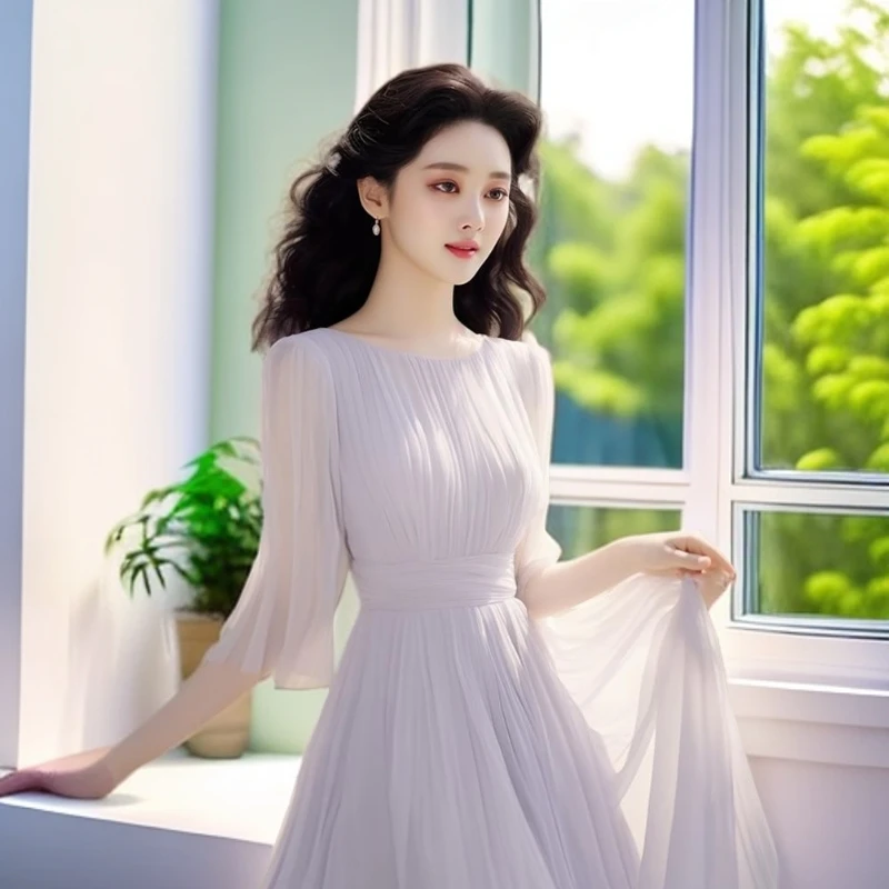 淳启2025夏季小香风绝美长裙高级感海边裙子气质紫色压褶连衣裙女