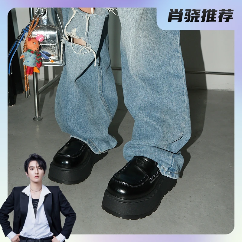 Mooreyu黑色真皮复古学院风小皮鞋女春季百搭厚底圆头乐福鞋子女