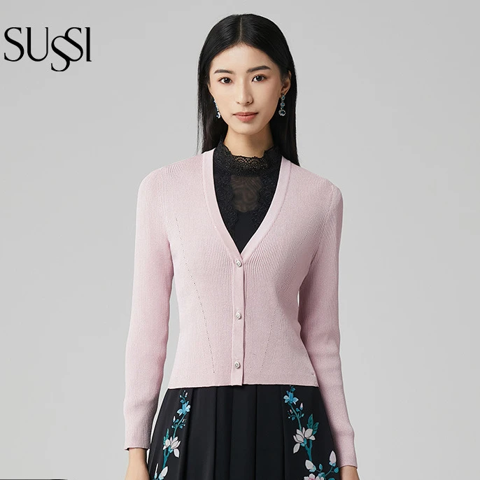 SUSSI/古色24春商场同款粉色通勤风V领长袖针织毛衣外套女