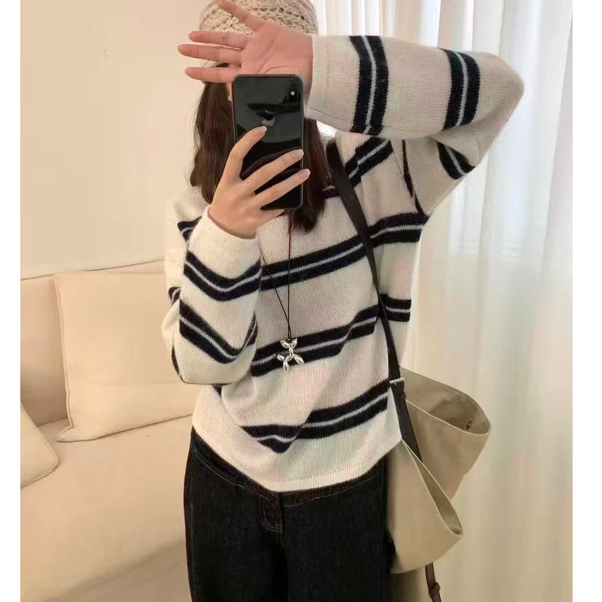 【藏青条纹】条纹夹色慵懒风针织套头衫秋季网红长袖毛衣2076