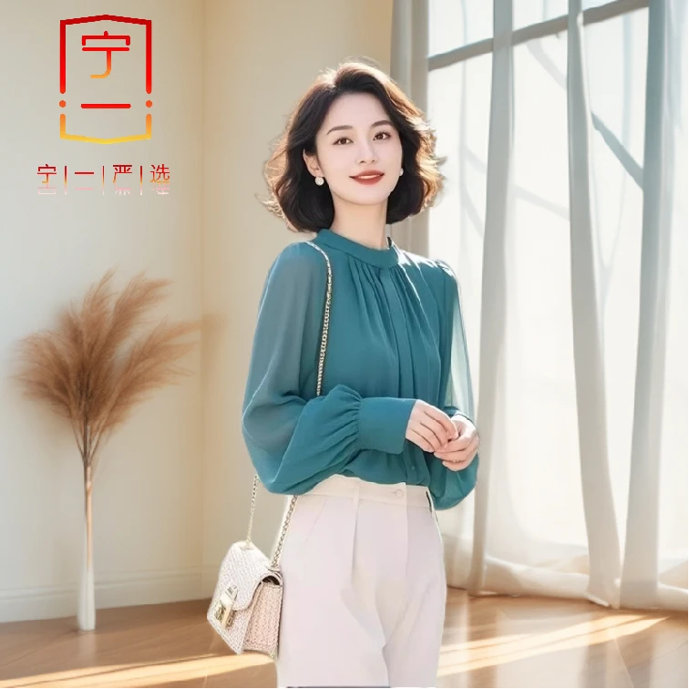 【宁一女装】法式高级感小众圆领衬衫女春季新款灯笼袖衬衣减龄上衣