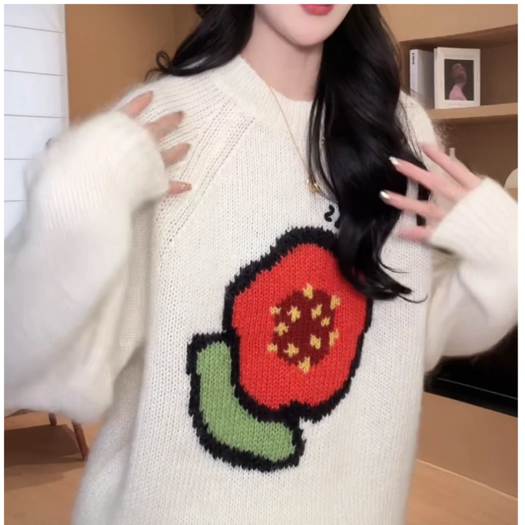 2025新款设计感百搭气质海棠花白色长袖针织上衣LK2501219