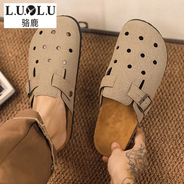 骆鹿包头洞洞半拖鞋男夏外穿透气洞洞鞋复古软皮勃肯拖一脚蹬凉拖