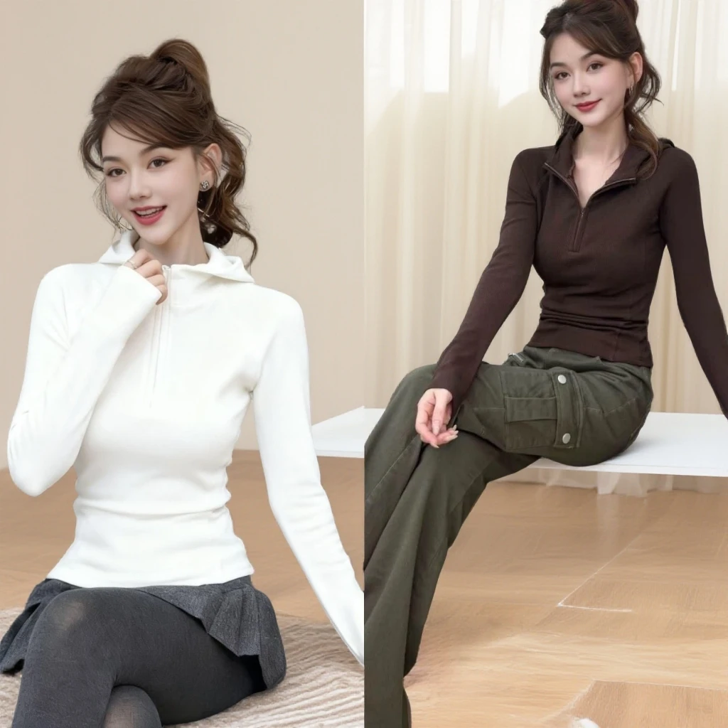 新款秋冬季百搭半拉链连帽长袖修身显瘦休闲通勤绒毛上衣女打底衫