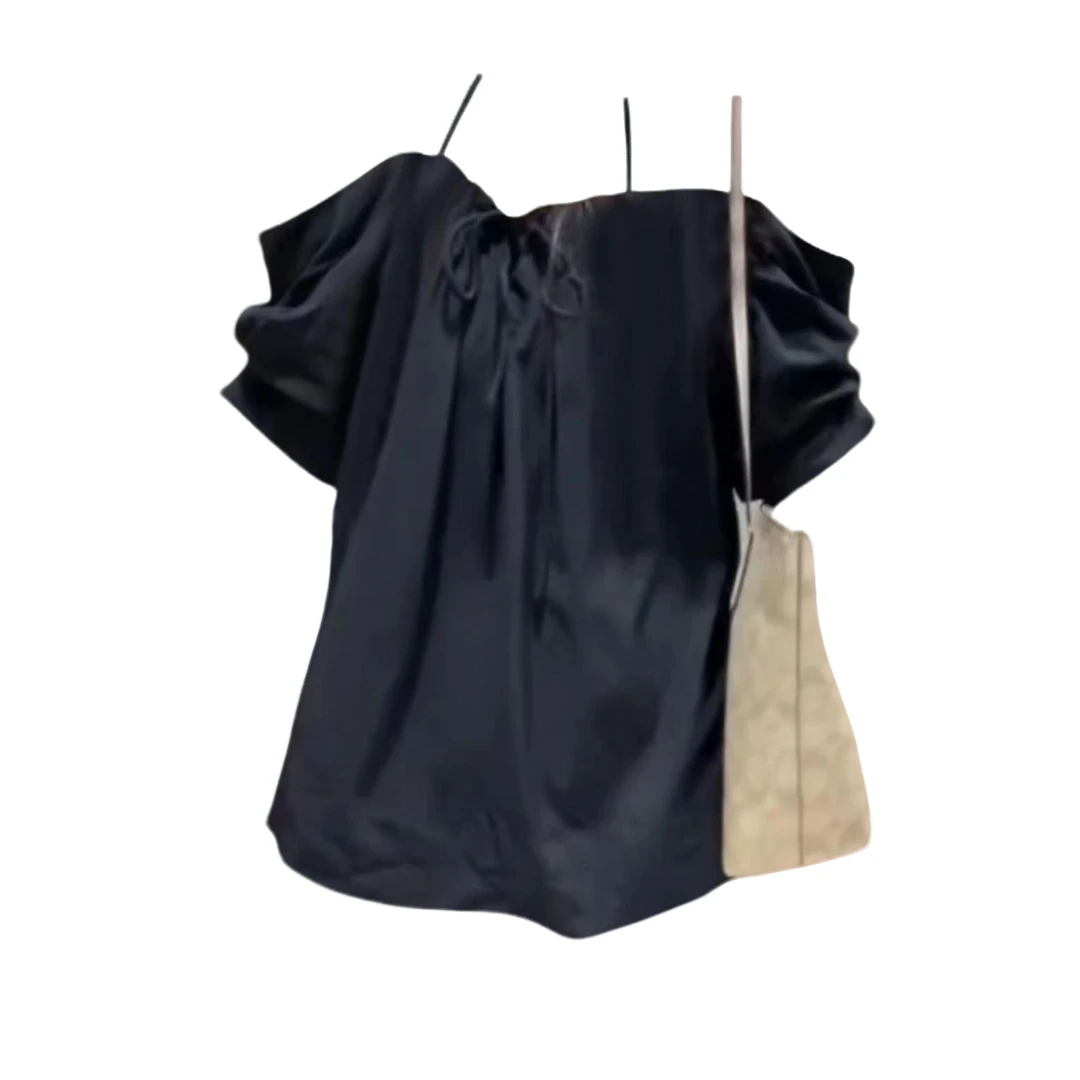 大码胖妹妹高级感法式黑色露肩娃娃衫小上衣女夏季设计感宽松小衫