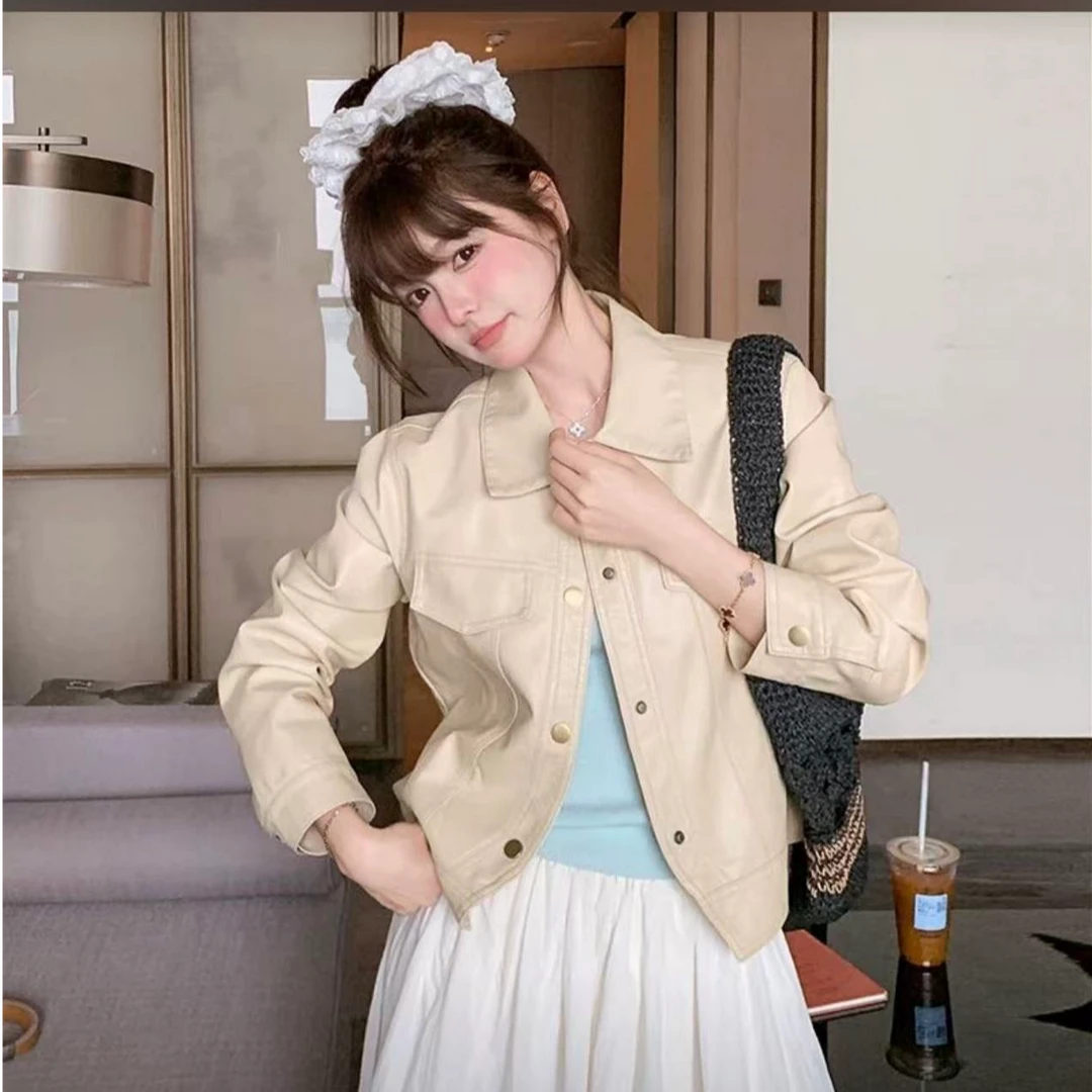 欧美风直筒型水洗常规秋季皮衣上衣休闲宽松翻领百搭女款