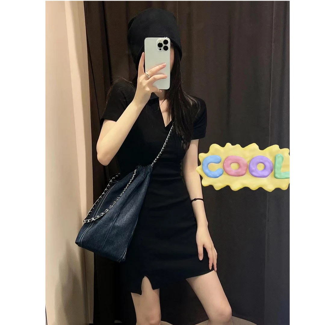 黑色polo小妈包臀连衣裙辣妹连衣裙修身包臀裙裙子显瘦夏季纯欲