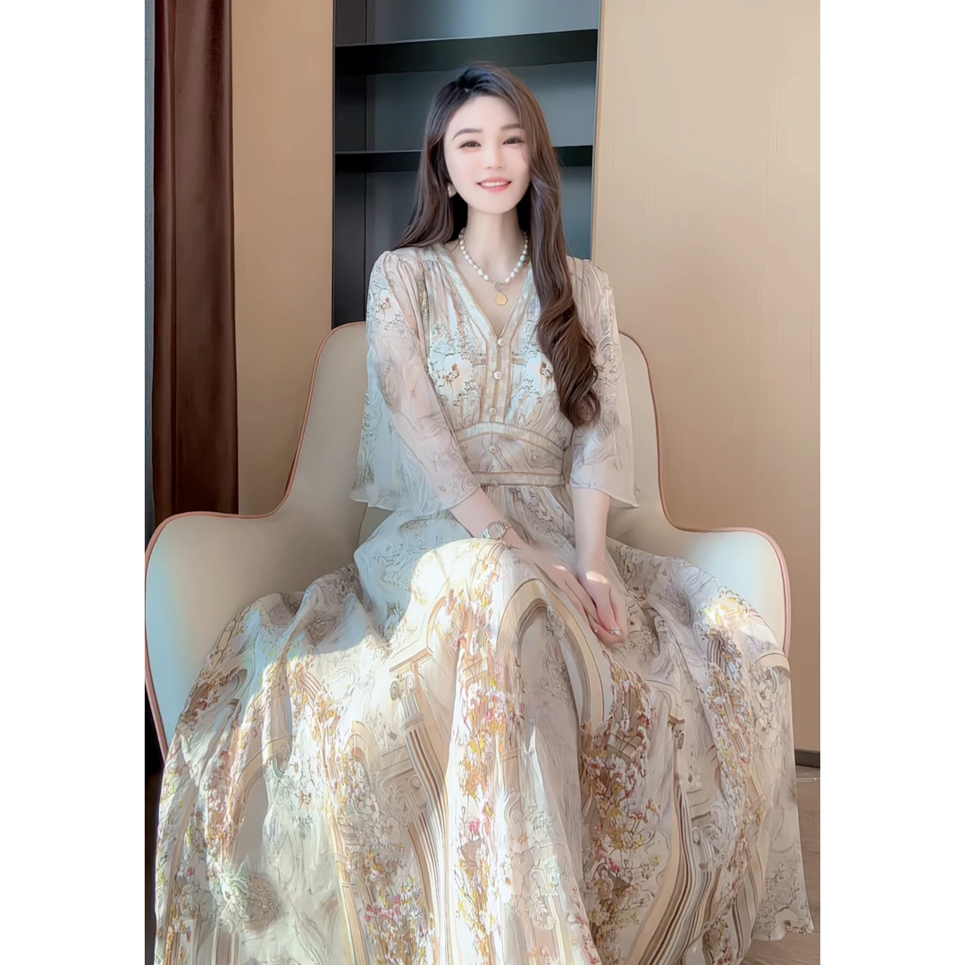 【深圳米熙儿】夏季桑蚕丝夏季印花收腰连衣裙1013