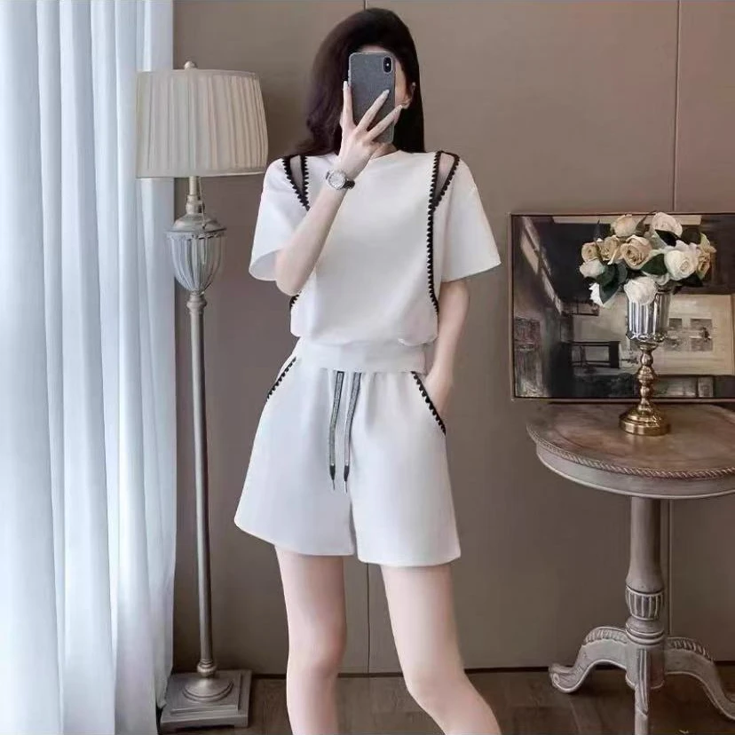 休闲运动套装夏洋气显瘦露肩高腰阔腿短裤两件套5882#