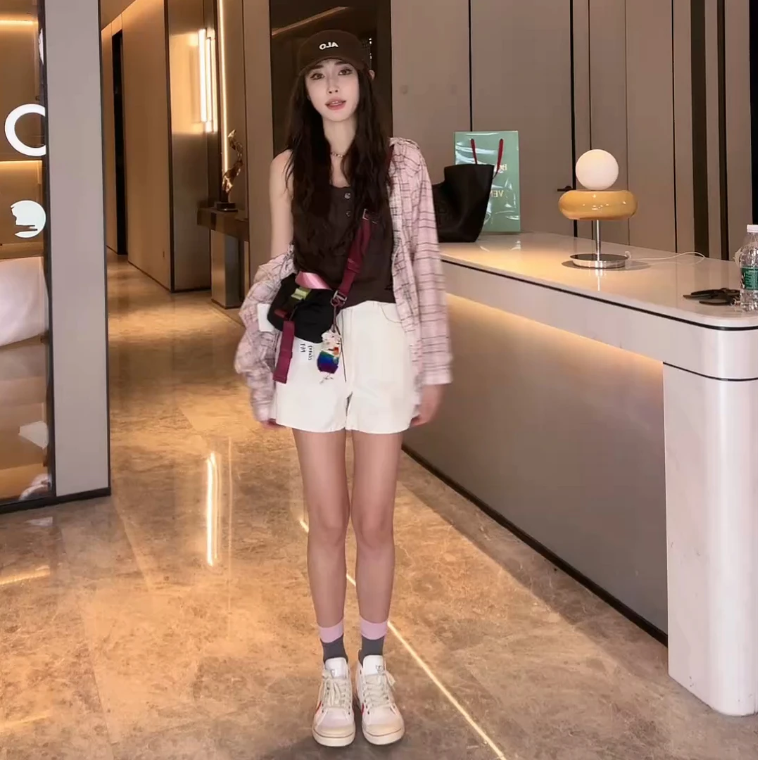 PCNY「初雪映白」不理理夏季新款女装轻奢高级时尚休闲白色牛仔短裤