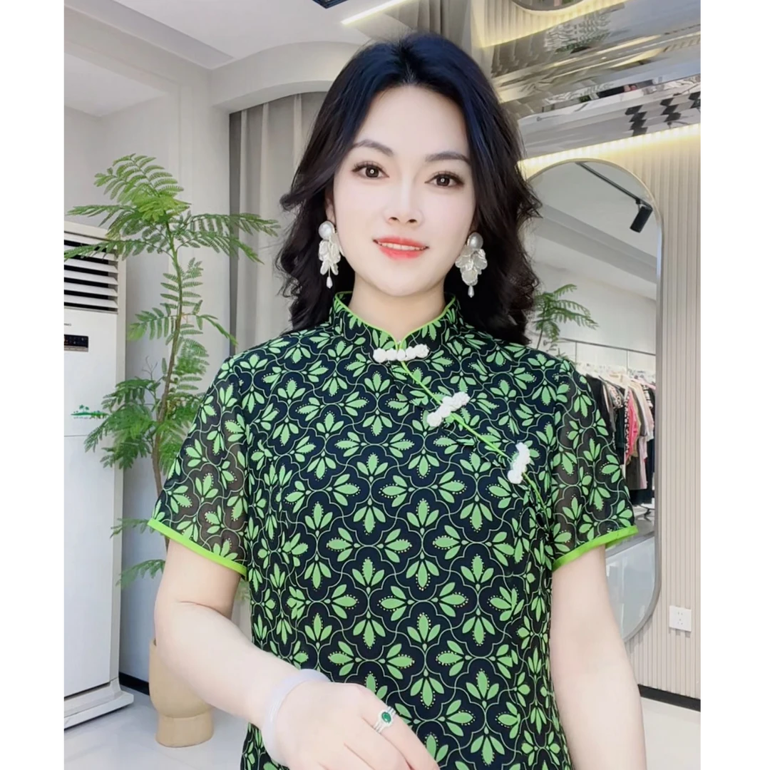 [依百万]192中长款旗袍大摆裙绿色日常休闲中长裙复古大码减龄