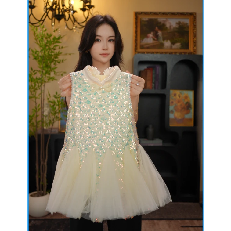 AODUOSEN/奥多森女童高能感连衣裙夏季亮片时尚中式礼服公主裙