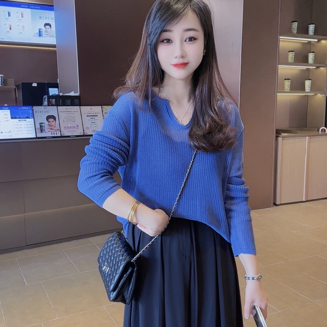 丹丹精选--76656新款镂空水滴领慵懒风针织长袖上衣