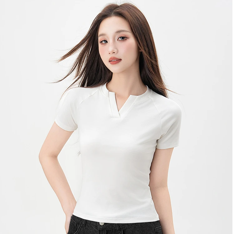 2025显瘦韩式小V领白色短袖T恤修身女面料凉感内搭打底体恤上衣
