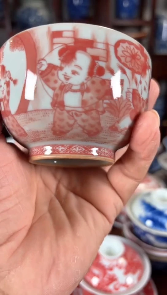 柴窑釉里红五子登科杯杯