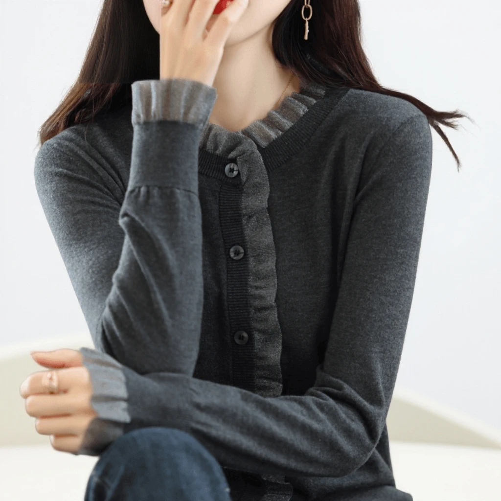 春竹世家洋气款蕾丝针织开衫女春秋毛衣外套薄款气质新款打底衫