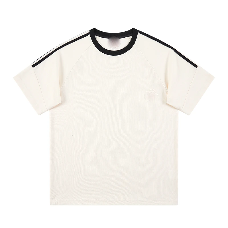 爱心 条纹织带爱心刺绣LOGO宽松休闲圆领短袖T恤-男女同款