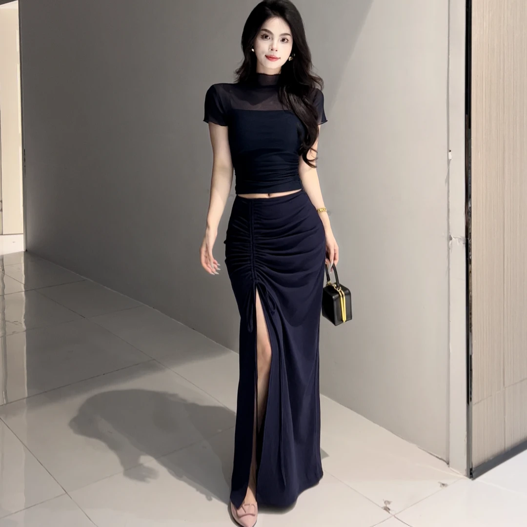 时尚套装开叉小众长裙夏季长款收腰气质少女风显瘦轻奢