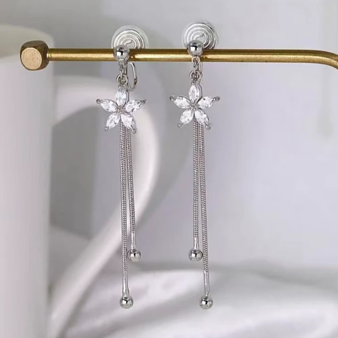 合金耳饰 【无耳洞耳夹】花朵线条流苏银色长款蚊香盘百搭轻奢网红