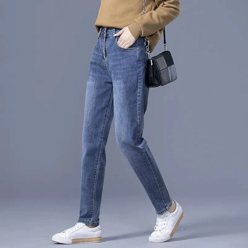 蓝色牛仔裤2025秋冬加绒高腰加厚九分直筒休闲裤宽松百搭哈伦裤子