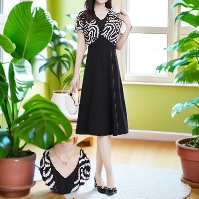 76813#黑【木兮兮专属】2025年夏季新款气质显瘦百搭时尚收花连衣裙