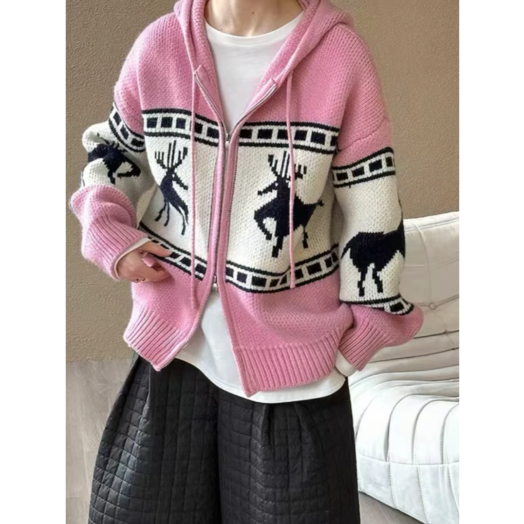 【大喜】韩系韩系复古圣诞小鹿提花连帽针织开衫