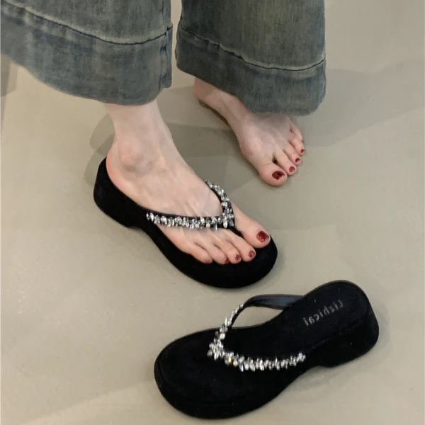 LF-100-1厚底人字拖鞋女夏外穿新款坡跟夹脚趾水钻凉拖凉鞋沙滩鞋