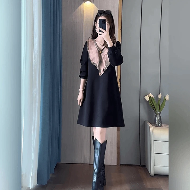 高级感V领荷叶边长袖大码中长裙2025春季新款减龄洋气宽松连衣裙