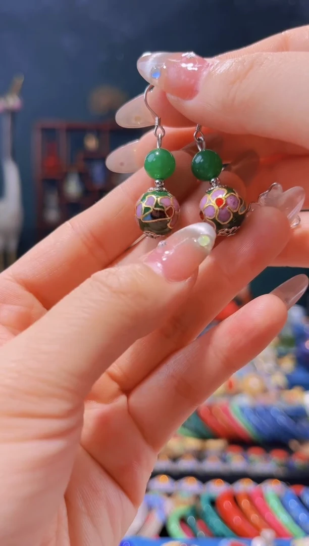 景泰蓝耳环墨绿色