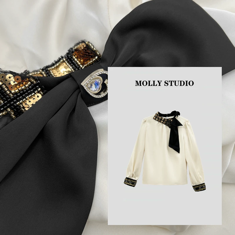 Molly【淡雅佳人】秋季新品气质丝巾领长袖上衣女时尚款M2025175