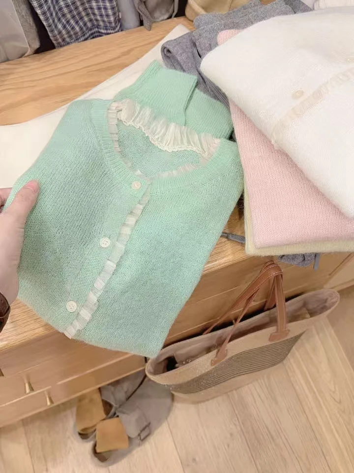 七言家巨好看！韩系甜美绿色蕾丝花边开衫