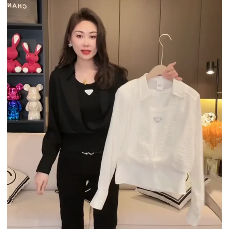 2025新款假俩件时尚拼接衬衫法式春季长袖气质百搭打底衫遮肉上衣