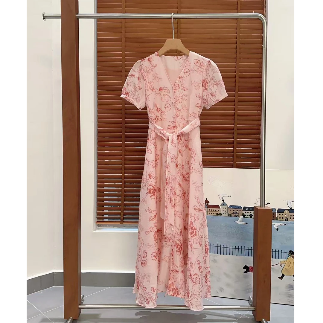 SS251302   水墨印花新中式天丝苎麻V领长款连衣裙