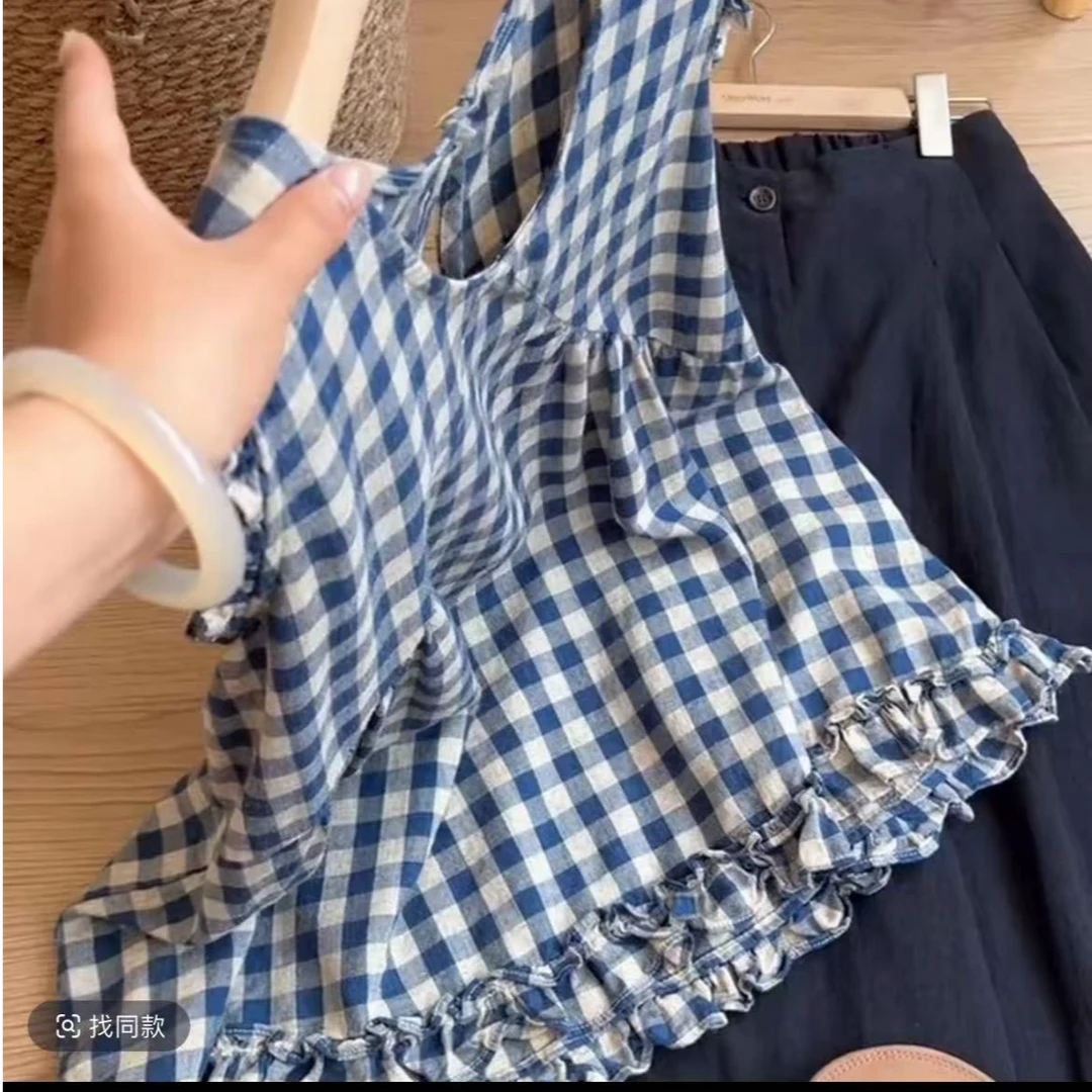 夏季色织木耳边宽松凉快背心舒适文艺无袖上衣女