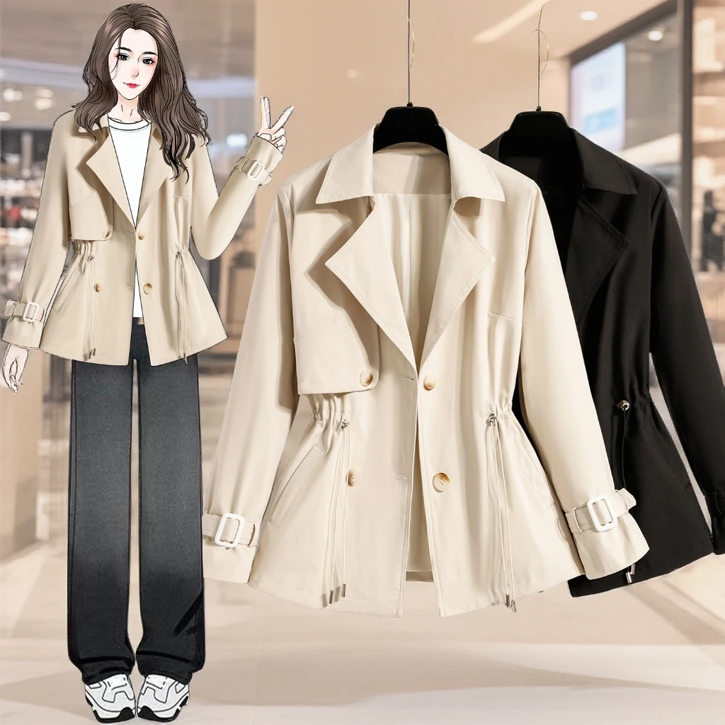 大码女装西装领春秋季短款上衣胖MM宽松风衣收腰百搭春秋气质外套