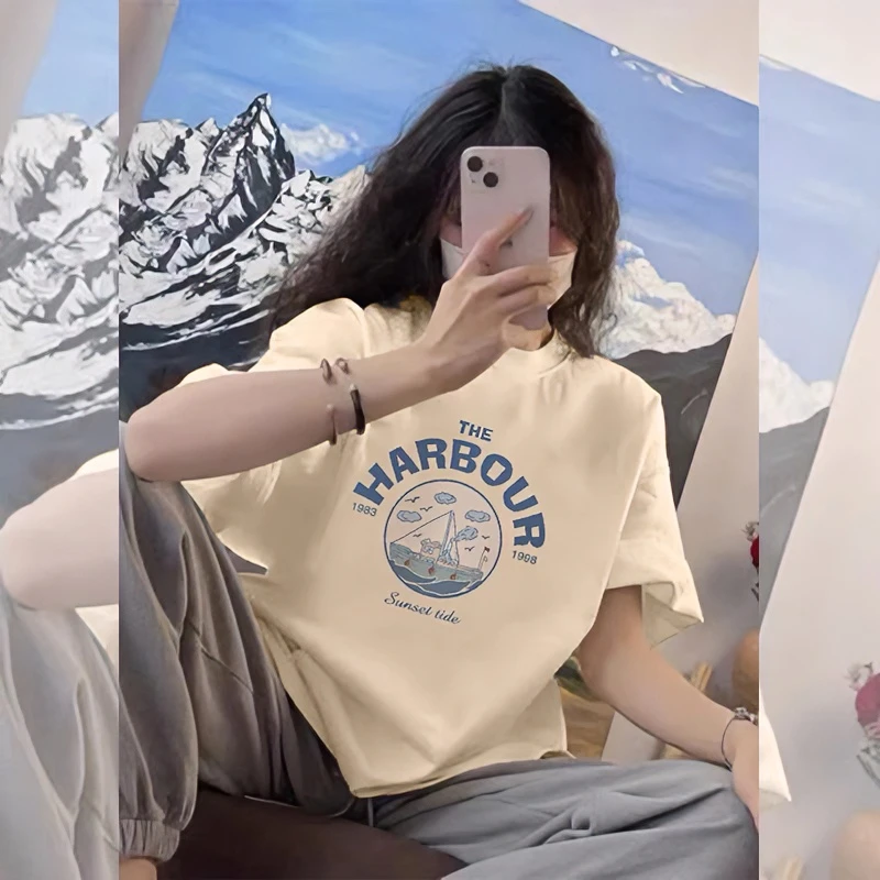 HSNP纯棉潮牌美式复古短袖T恤女重磅宽松百搭小众设计感夏季半袖