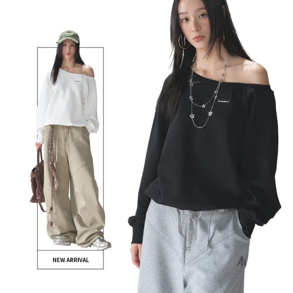 ACMEAURA 2025 秋季新款莱赛尔韩系慵懒风斜肩卫衣