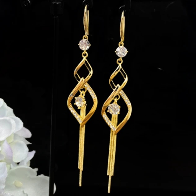铜合金合成锆石耳饰 金流苏菱形镶钻长款耳环20