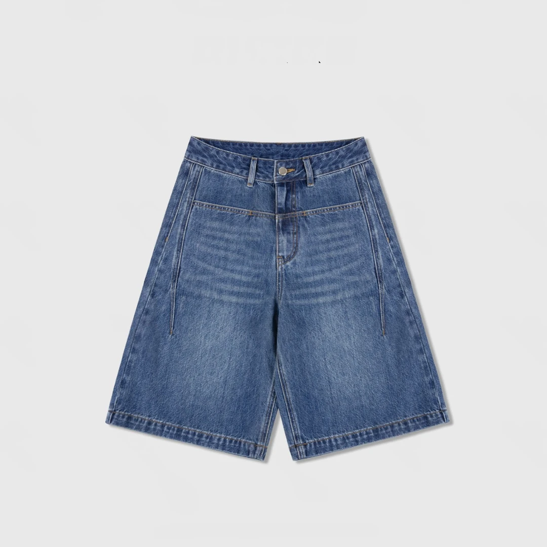 娜娜GUKKS//2025年新款高腰显瘦a字阔腿复古蓝五分牛仔短裤薄款
