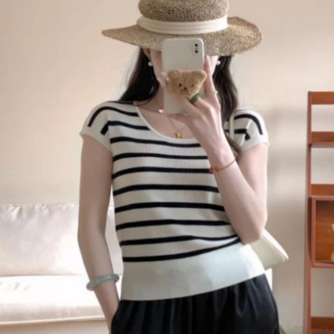 条纹水洗短袖三分袖夏季毛针织衫上衣女装外穿洋气-6019