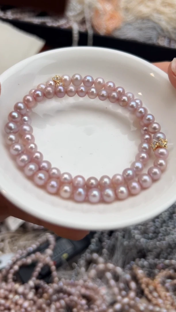 未镶嵌2淡水珍珠无核*强光珍珠手链粉色6mm左右