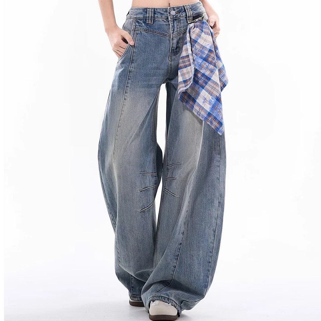 美式复古阔腿弯刀牛仔裤男潮牌情侣可拆卸方巾宽松直筒拖地休闲裤